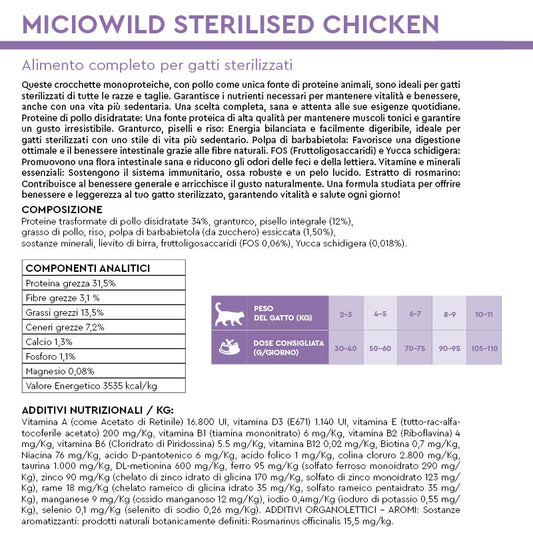 MICIOWILD STERILISED CHICKEN - Alimento completo per gatti sterilizzati monoproteico al pollo.