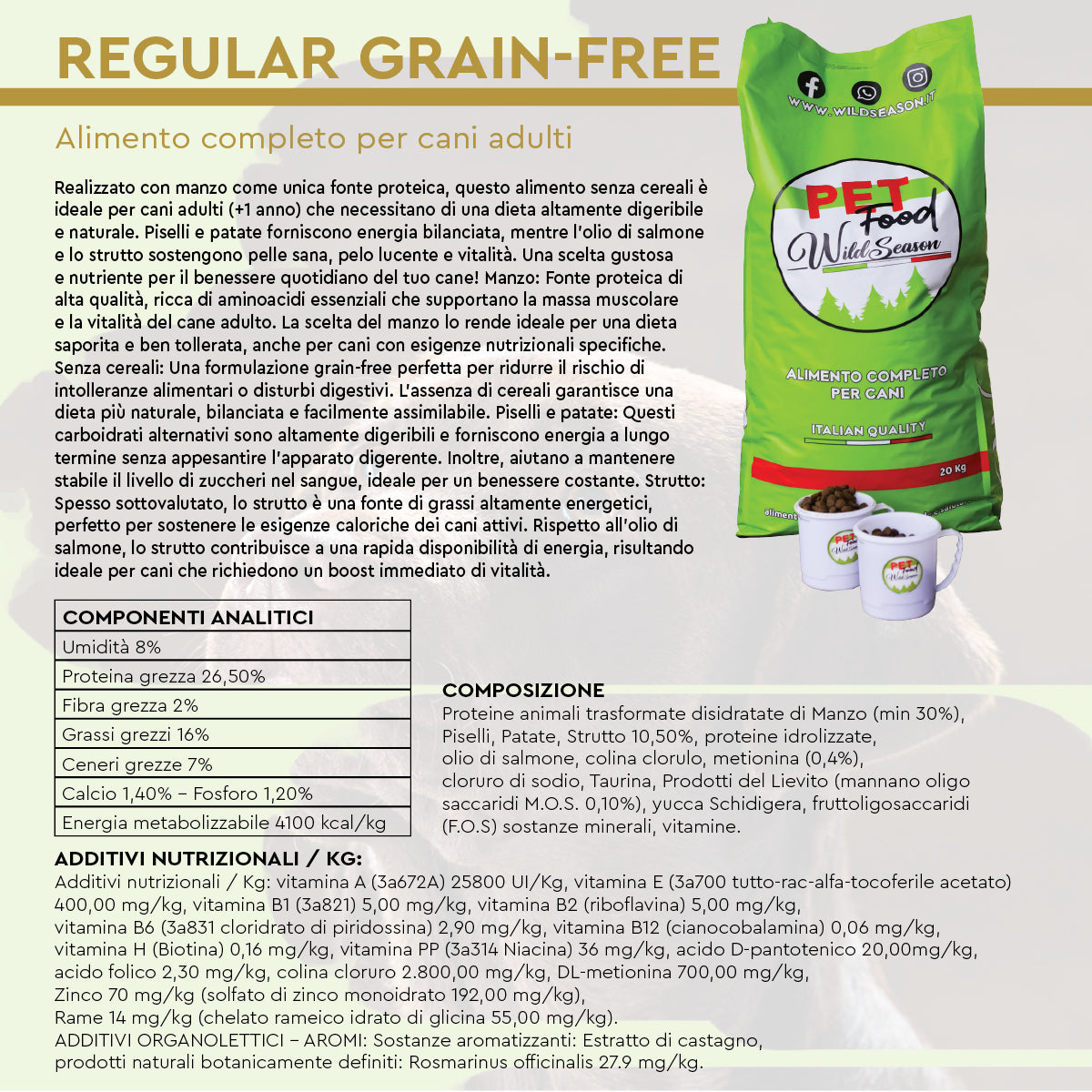 Wildseason Regular Grain Free - Mangime per cani adulti 20 Kg