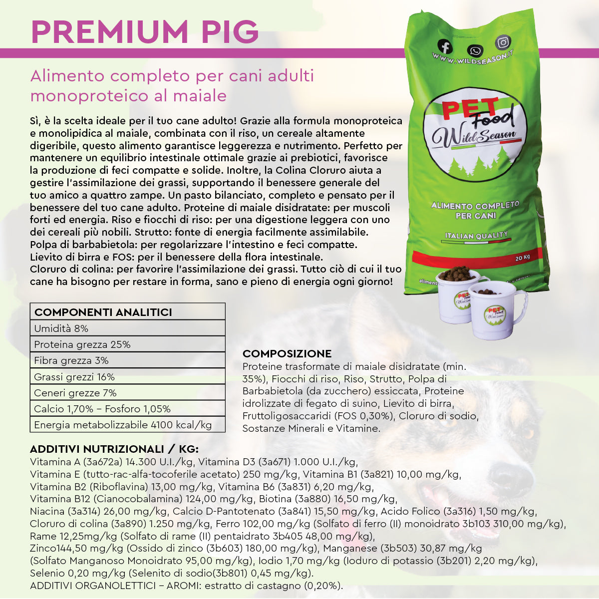 Wildseason Premium Pig - Monoproteico al maiale   - Mangime per cani adulti 20 Kg